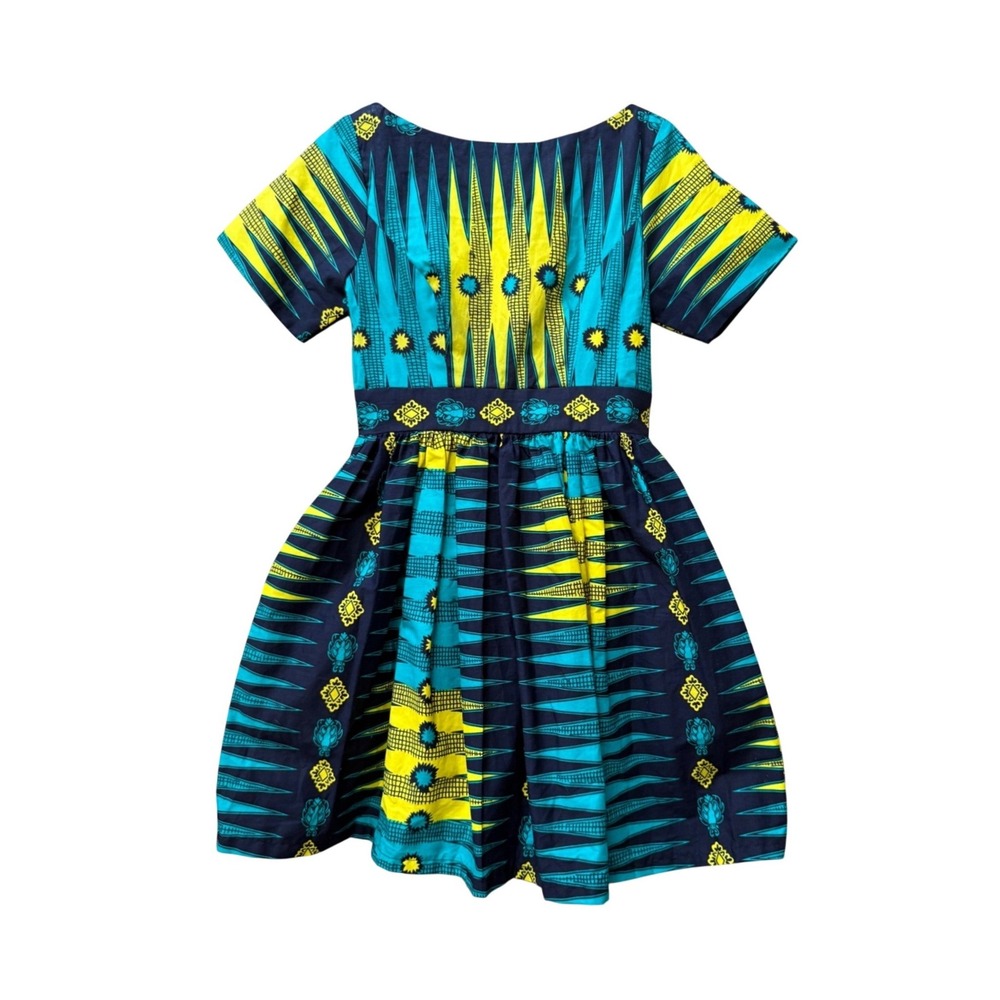 Ray Darten Deborah Bold African Print Dress Teal Yellow Geometric Small NWT